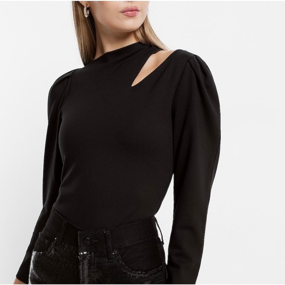 NWT Express Women's Black Asymmetrical Cutout Puff Sleeve Mock Neck Top Size S